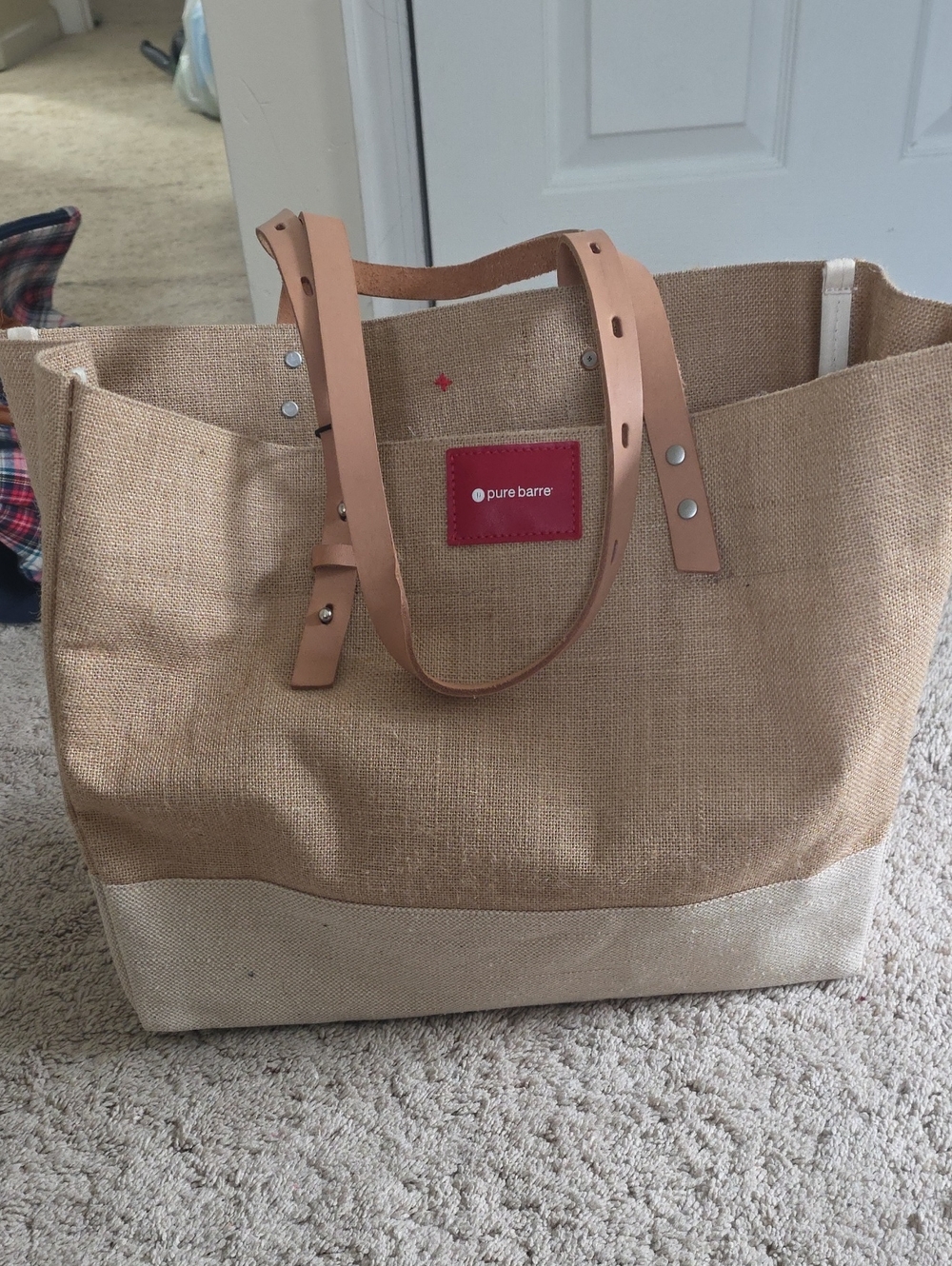 Pure Barre Natural Burlap Tote with Red Logo Patch and Leather Straps